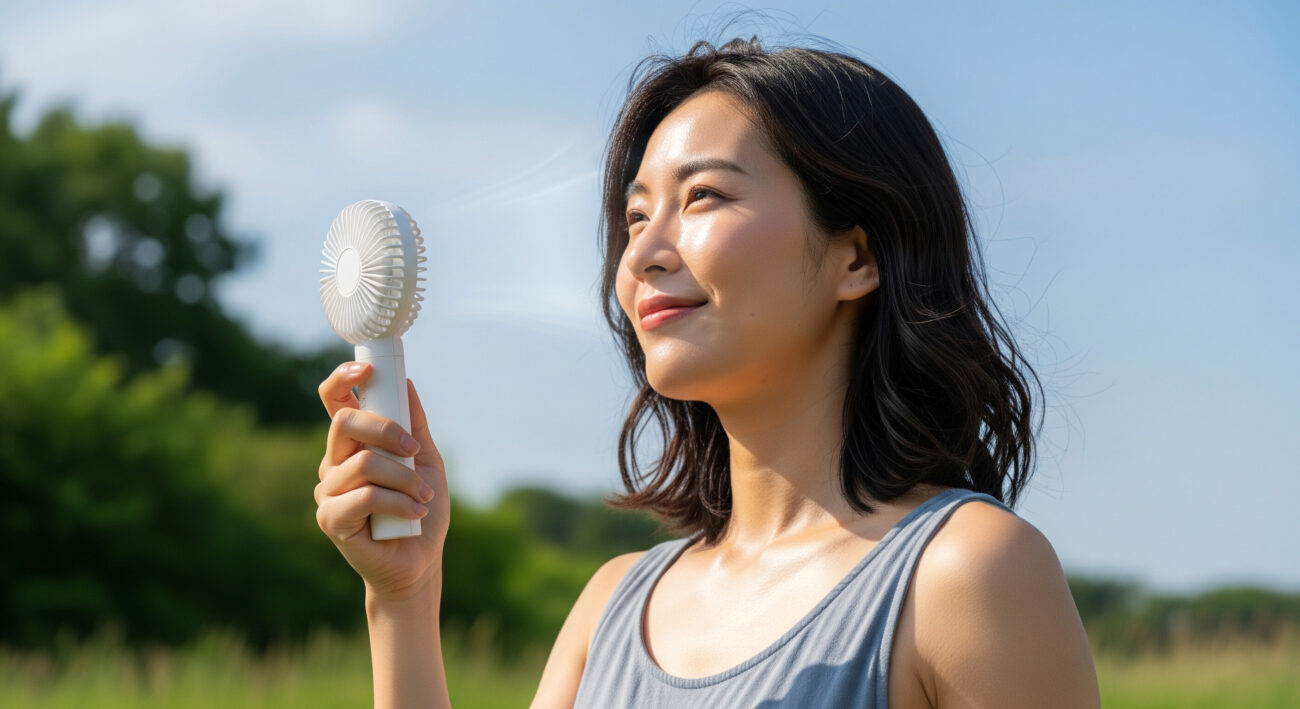 Quạt mini đeo cổ màu hồng tiện lợi